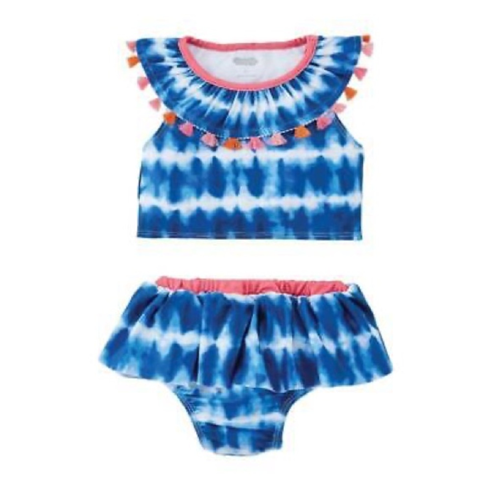 Mud Pie Kids Girls White Blue Tie Dye 2 Pc Swimsuit Tassel Bikini - size 4T